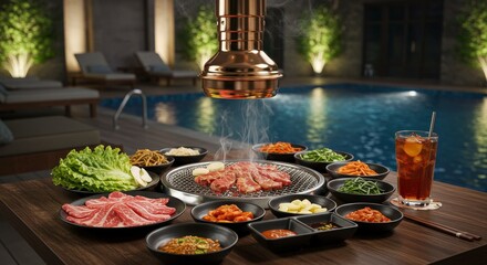 Korean BBQ on a table with beef sides grill and drink by a pool