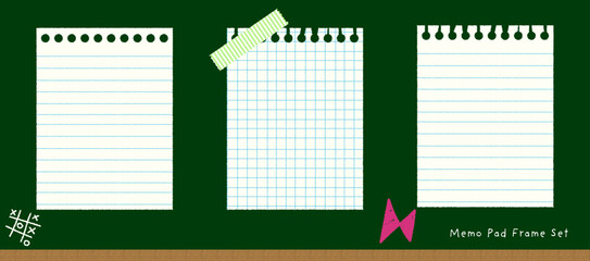 手書き風のノート用紙や方眼紙をデザインしたかわいいメモ帳風フレームセット｜罫線、方眼、黒板背景、文房具、チョーク、テープ