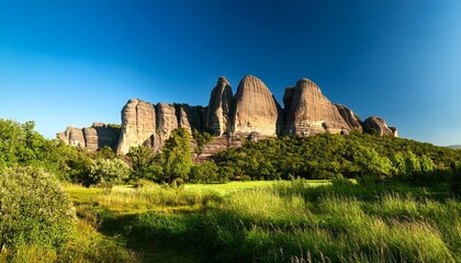 majestic large rock formation towering over lush green landscape with clear blue sky above creating a calm and inviting natural setting
