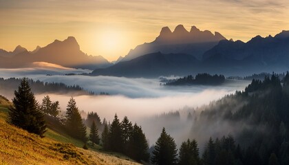 Fototapeta premium image captures peaceful and ethereal essence of a mountainous scenery enveloped in mist during early hours of day