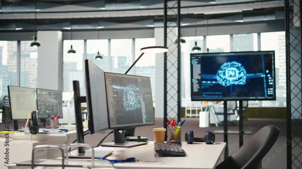 Fototapete pc monitor on startup office desk showing artificial intelligence neural networks programming langua