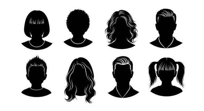 Diverse Profile Icons: Set of Eight Unique Hairstyles