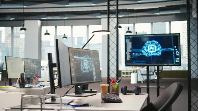 PC monitor on startup office desk showing artificial intelligence neural networks programming languages. Computer in company workspace used for AI deep learning software testing and quality assurance
