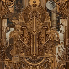 Naklejka premium Art Deco Architectural Collage Gold Geometric Patterns Sculptures and Classical Elements