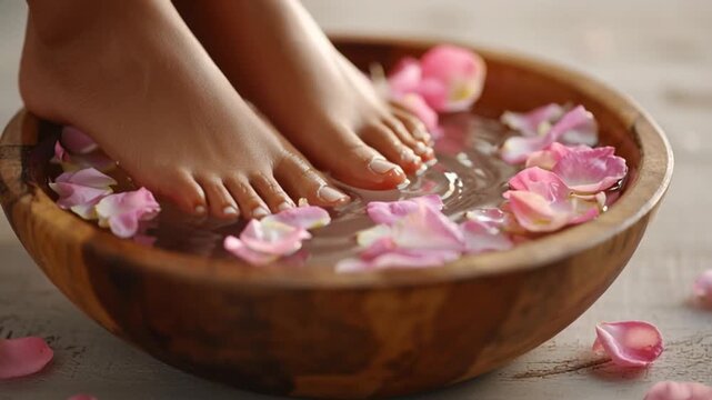 A woman's feet soaking in a wooden spa bowl filled with warm water and floating pink rose petals