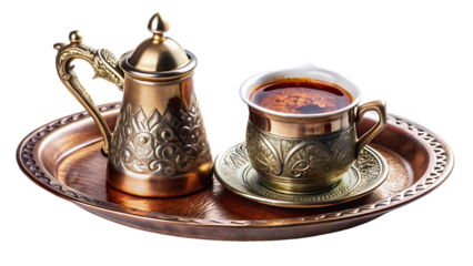 Ornate brass Turkish coffee pot and cup with coffee on a decorative copper tray isolated on a transparent background