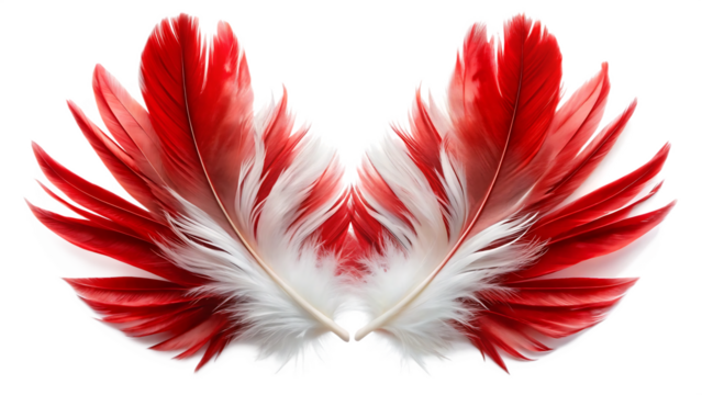 Two symmetrical red and white feathers forming a stylized wing shape isolated on a transparent background