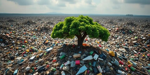 A resilient green tree thrives atop a landfill, contrasting with surrounding plastic and electronic waste, green technology, environment