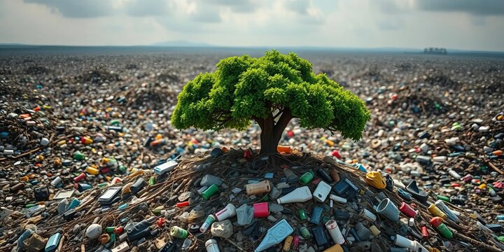 A resilient green tree thrives atop a landfill, contrasting with surrounding plastic and electronic waste,  green technology,  environment