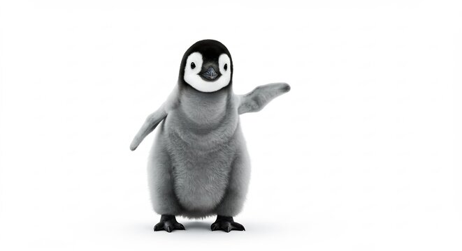 Adorable penguin chick poses playfully against bright white background. AI Generated