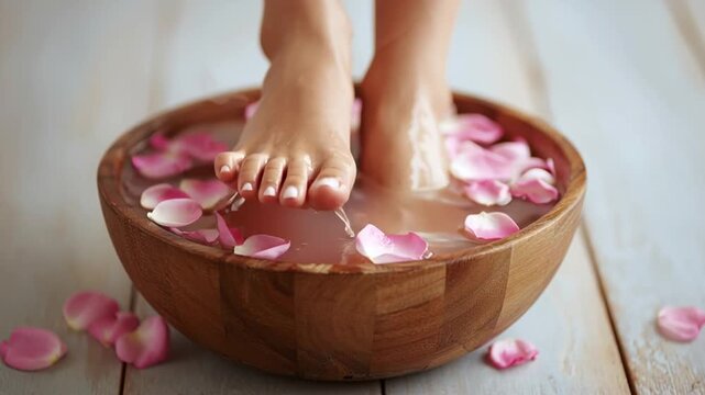 A woman's feet soaking in a wooden spa bowl filled with warm water and floating pink rose petals