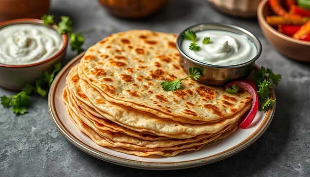 A stack of golden-brown parathas on a plate, alongside a bowl of creamy yogurt and vibrant green vegetables,   ethnic food,  raita