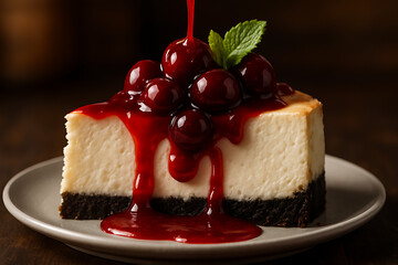 Cherry topped classic cheesecake with chocolate crust and syrup drizzle for national cheesecake day rich creamy slice with mint garnish on gray plate