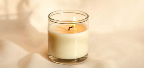 A softly lit, ivory-background close-up of a single scented candle in a glass jar, wick visible,  detail, candle
