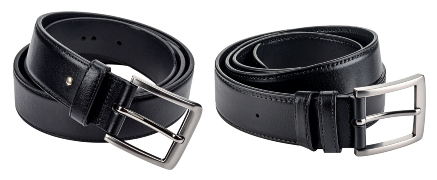 black leather belt collection isolated on white background