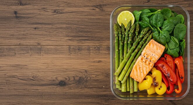 Healthy Meal Prep Container with Grilled Salmon, Fresh Vegetables and Spinach on Wooden Table Surface