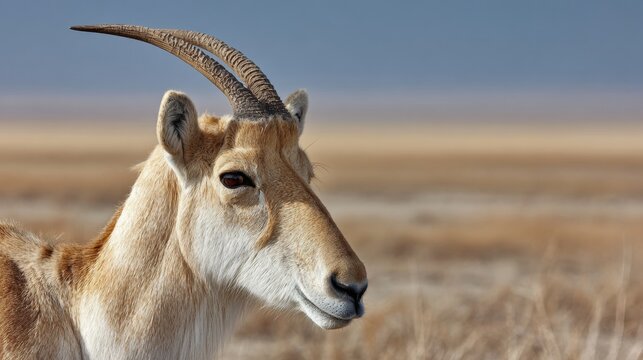 Saiga Antelope With Unique Curved Nose in Arid Plains Habitat Showcasing the Adaptation to Dry Environments