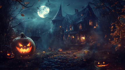 Naklejka premium Halloween is a spooky, mysterious, and thrilling holiday filled with eerie excitement and supernatural charm. It’s a night of costumes, candy, and creepy fun where haunted houses, carved pumpkins, and