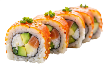 Row of salmon avocado sushi rolls with spicy orange sauce and sesame seeds isolated on a transparent background