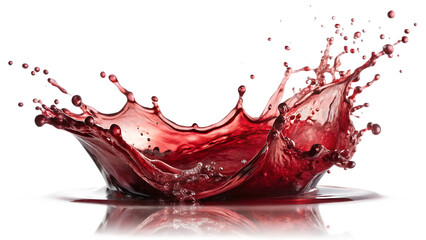 Dynamic red wine splash with droplets and reflection on black background isolated on a transparent background