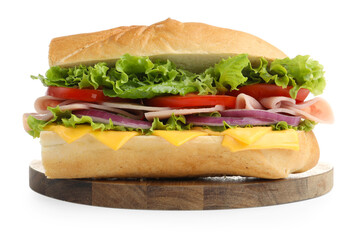 Tasty baguette sandwich with ham, cheese and vegetables isolated on white