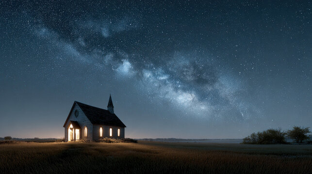 Starry night sky with a small church in the field