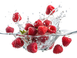 Ripe red raspberries splashing into clear water with droplets and splashes isolated on a transparent background