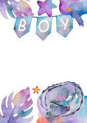 Watercolor baby boy nursery illustration. Hand-painted cute jungle crocodile