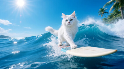 Vivid seascape, cat with determined expression and fur fluttering in the wind casually balances on surfboard with tropical paradise in the background