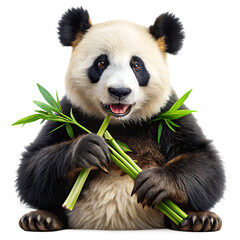 Fototapeta premium Fluffy giant panda bear with black eye patches eating green bamboo stalks isolated on a transparent background