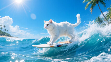 Vivid seascape, cat with determined expression and fur fluttering in the wind casually balances on surfboard with tropical paradise in the background
