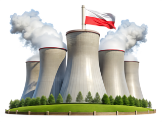 Nuclear power plant cooling towers with Polish flag and steam emissions isolated on a transparent background