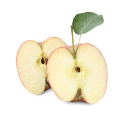 Halves of fresh apples with leaf isolated on white