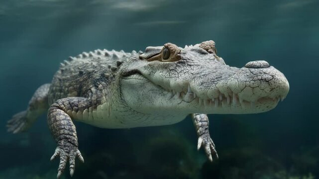 An alligator with a small gator on its back swimming underwater.