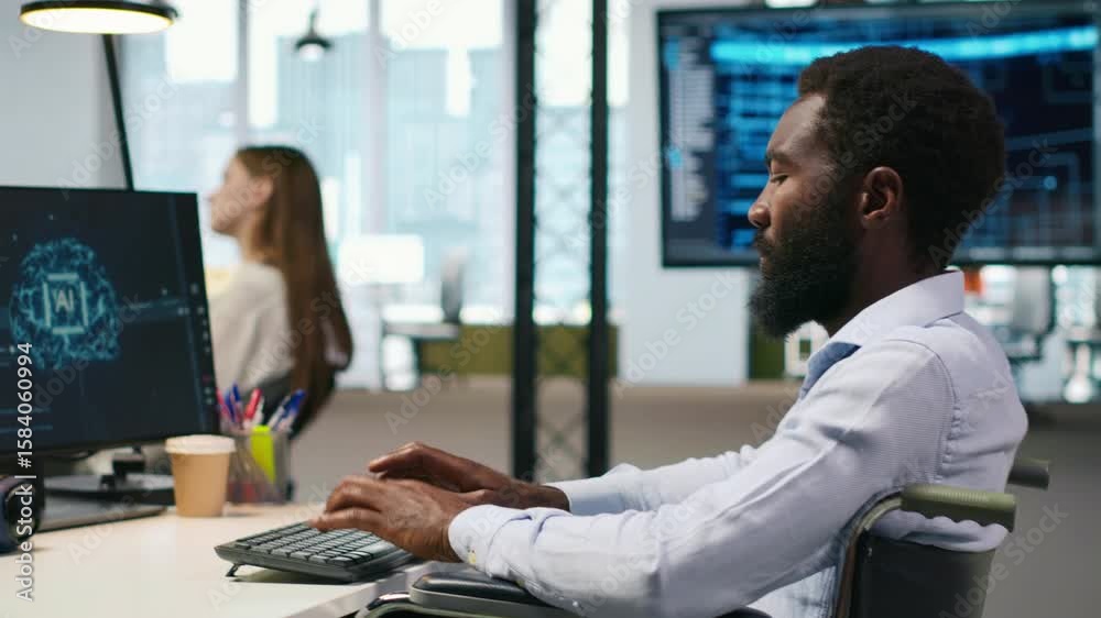Fototapete Computer scientist with paraplegia in office automating repetitive tasks with AI scripts. IT professional in wheelchair using artificial intelligence to speed up feature implementation, camera A