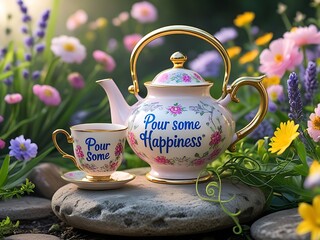 Teapot Happiness Garden Scene.