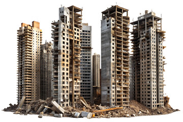 Group of unfinished and ruined concrete skyscrapers with debris at the base isolated on a transparent background