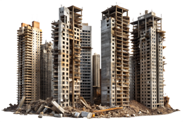 Group of unfinished and ruined concrete skyscrapers with debris at the base isolated on a transparent background