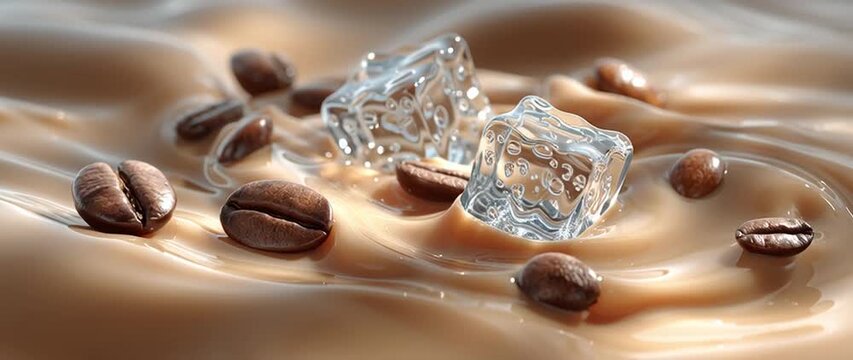 Anamorphic video coffee beans and small cubes of ice floating in smooth cold coffee
