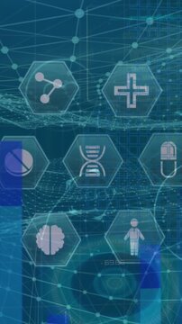 Animation of network of connections with people icons over binary coding data processing
