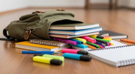 Back to school backpack books notebooks pens highlighters education study supplies learning stationery gear