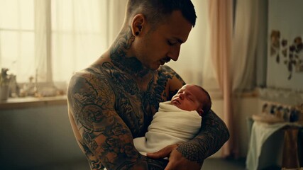 Tattooed father gently holding newborn baby in tender moment, emotional portrait of first-time parenthood