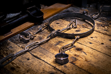 Ancient antique medieval wrought iron prisoner restraint shackles and chain, for waist and wrists. 
