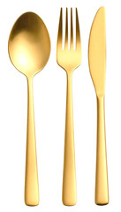 golden spoon, fork and knife isolated on white background