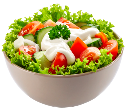 fresh vegetable salad with mayonnaise in bowl isolated on white background