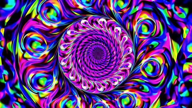 mesmerizing VJ loop animation with psychedelic circular visuals in vivid colors perfect for music concerts club visuals or trippy digital backgrounds with kaleidoscopic hypnotic effects