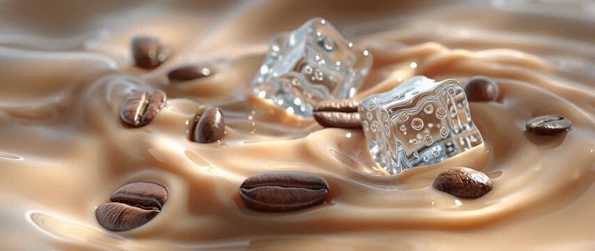 Anamorphic video coffee beans and small cubes of ice floating in smooth cold coffee