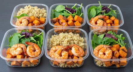 Colorful Meal Prep Containers with Shrimp, Quinoa, Sweet Potato, and Fresh Greens for Healthy Eating