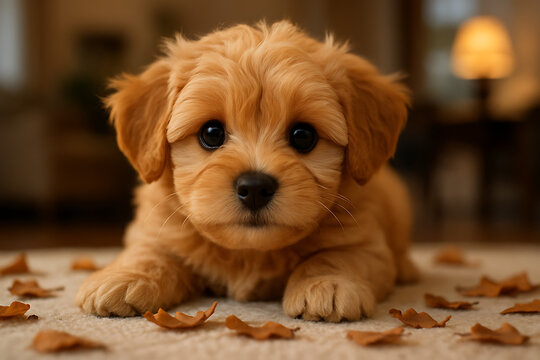 Cute golden puppy with big eyes resting on rug and surrounded by fall leaves for national mutt day heartwarming indoor photo