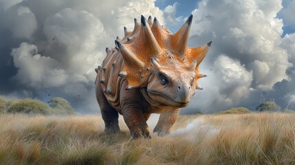 Fototapeta premium A Captivating and Imposing Large Orange Dinosaur Displaying Traits of Various Fascinating Dinosaur Species and Their Environments